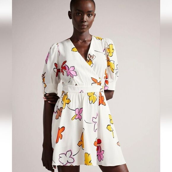 Ted Baker White Floral Wrapping Mini Dress Size 0 - Picture 1 of 13